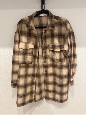 12th Tribe Brown and Cream Plaid Button-Down Shirt Jacket/Dress Size S